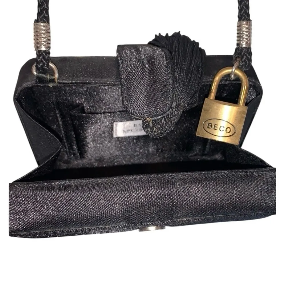 Jessica McClintock Black Satin Box Clutch Purse Tassel & Rope Strap Evening Bag - Image 6