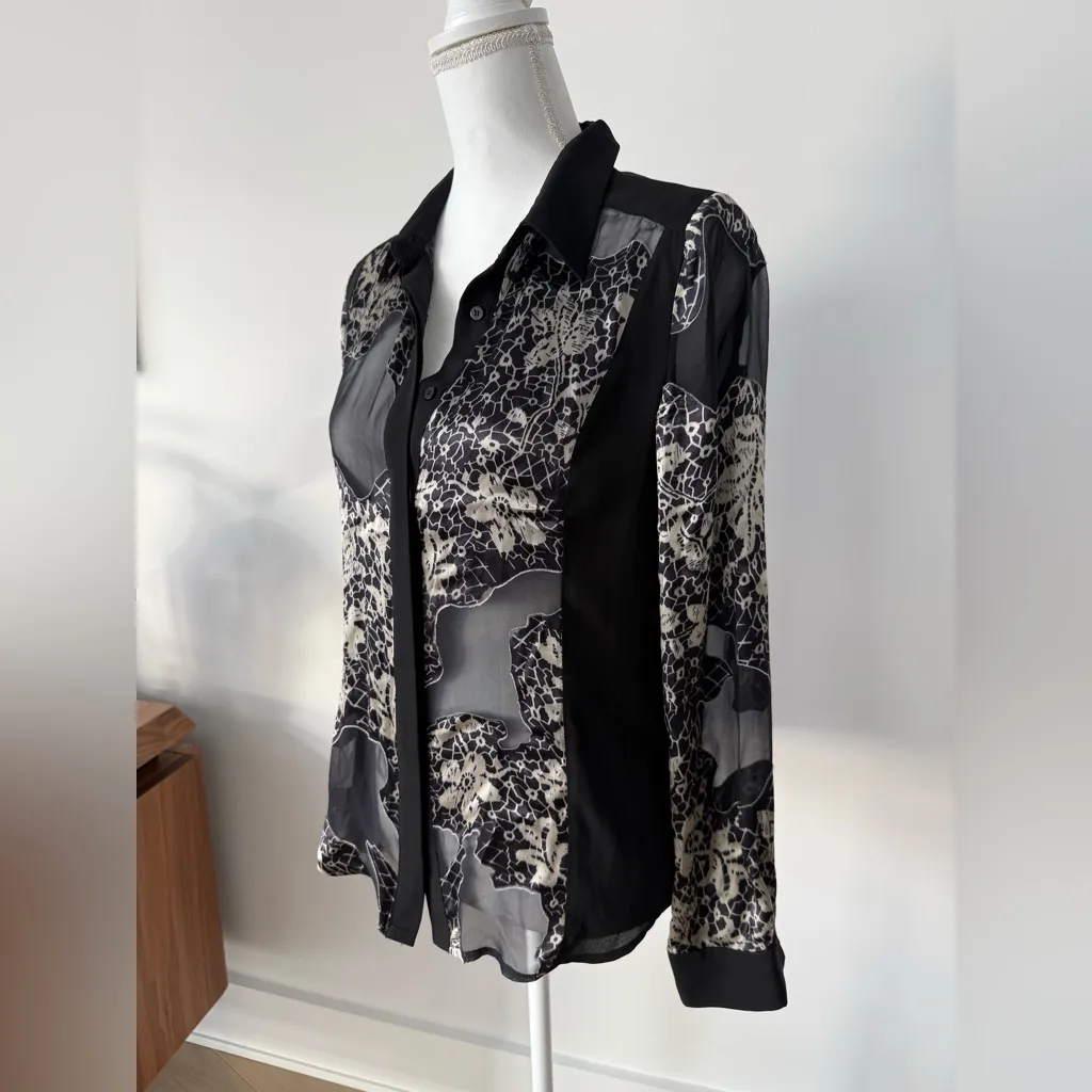 Alberto Makali Sheer Black Button-Down Blouse with Abstract Lace Print - Image 4