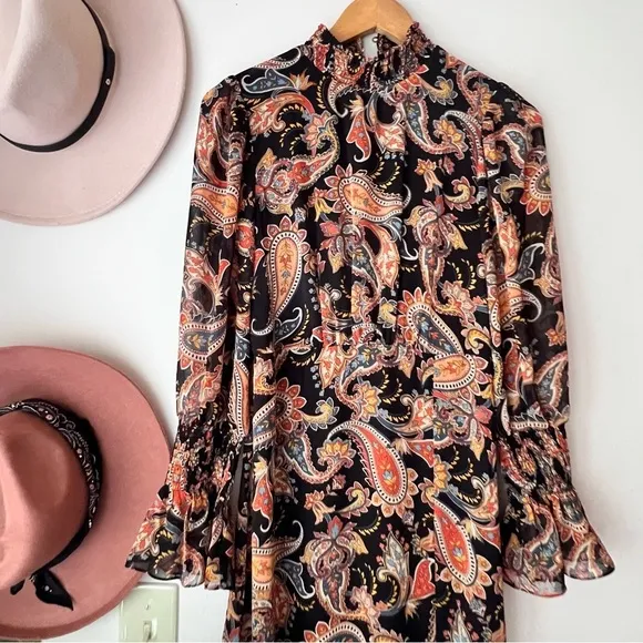 JULIA JORDAN Paisley Long Sleeve Midi Dress - Black‎ Multi boho sheer SIZE 2 - Image 4