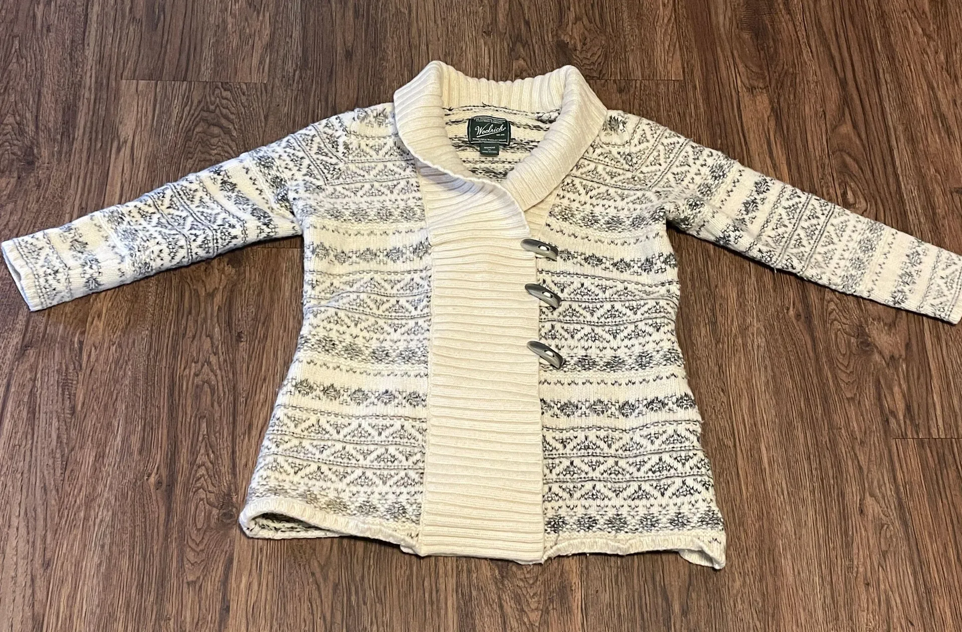 Vintage Lambs Wool Blend Button Down Cardigan Sweater Grey Cream XL - Image 13