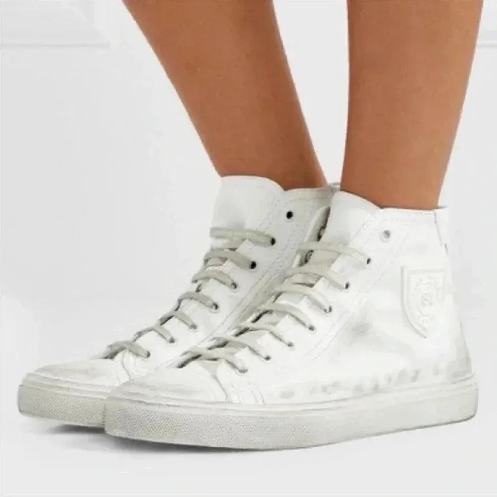 Saint Laurent Leather Bedford High Top Sneakers Vintage Effect White Size 8 US - Image 2