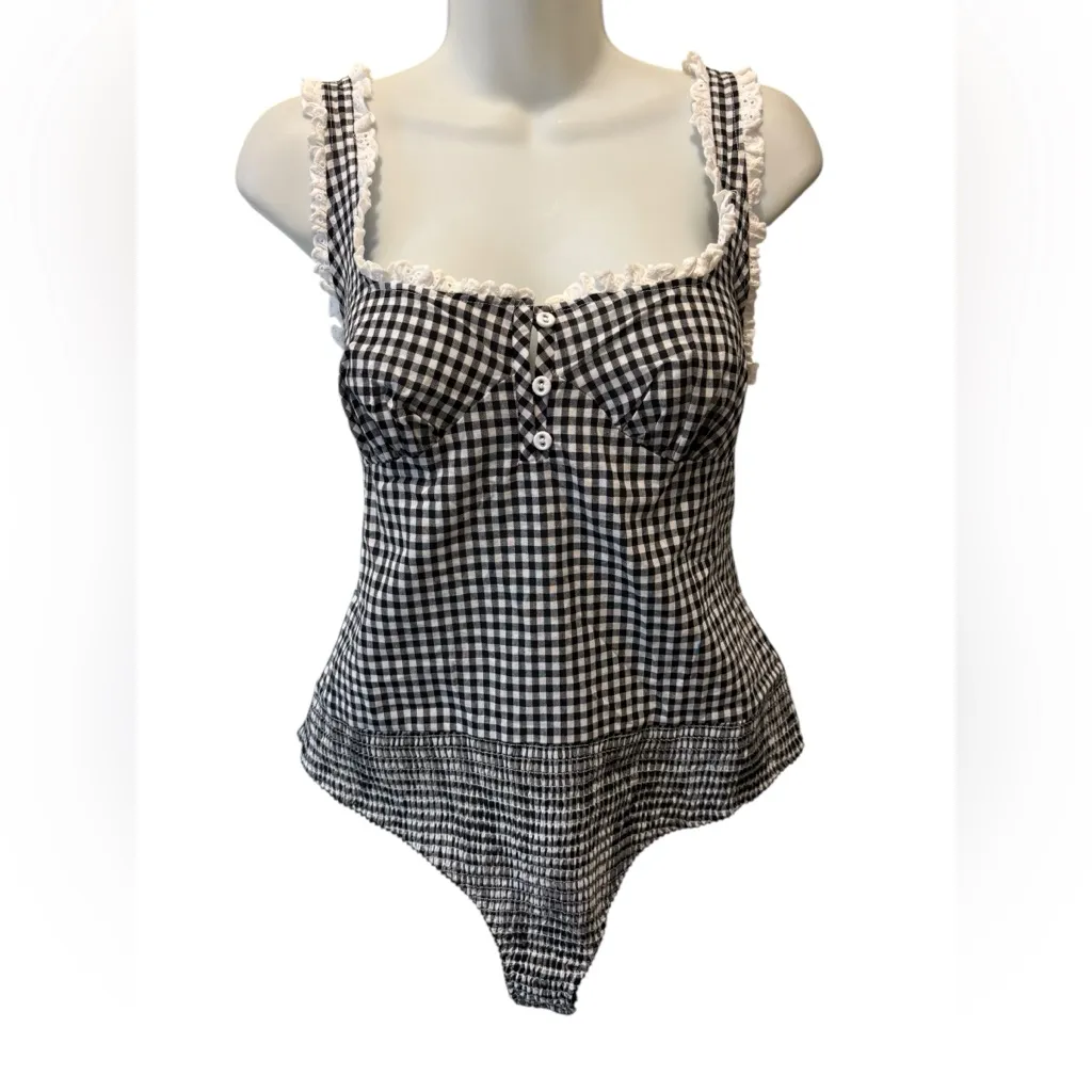 Intimately Free People Cassie Gingham Ruffle Bodysuit L Black White 100% Cotton - Image 4