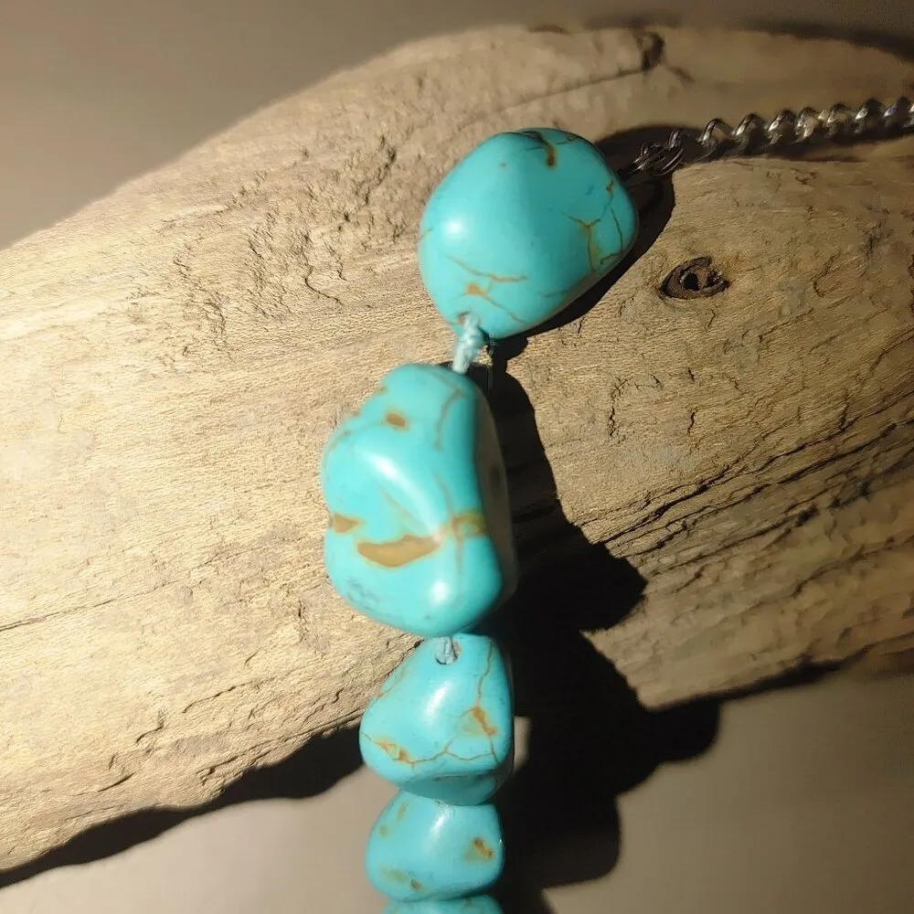 Turquoise Color Stone Nugget Bead Necklace Adjustable Chain Blue Size 18 - Image 4