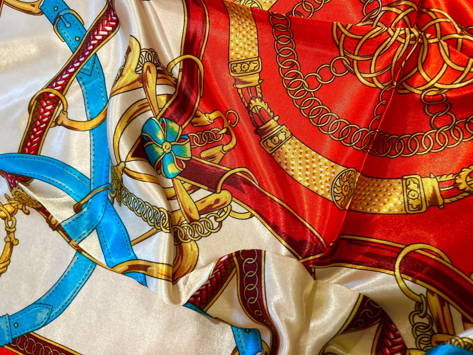 Vintage Equestrian Royal Crown print oversized had rolled silky Scarf 35/35 Orange - Image 14