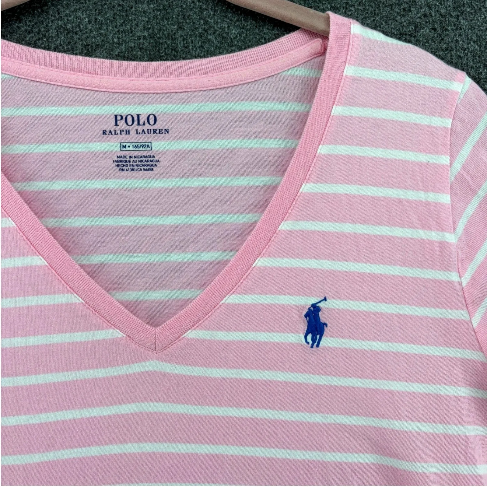 Ralph Lauren  Women Pink Stripe V Neck Short Sleeve T Shirt Polo Pony Logo Med - Image 3