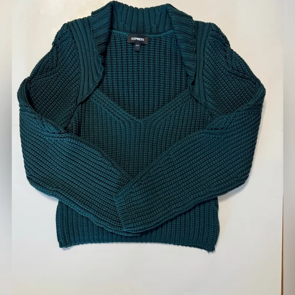 EXPRESS Emerald Green Ribbed V Neck Sweater Size L - Image 13