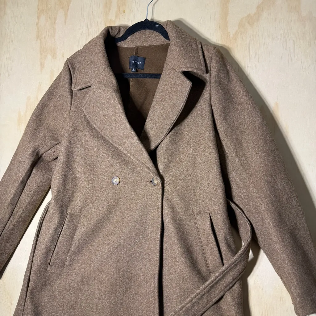 Love Tree Women’s Belted Long Coat Size Large Brown Polyester Style Peacoat - Image 2