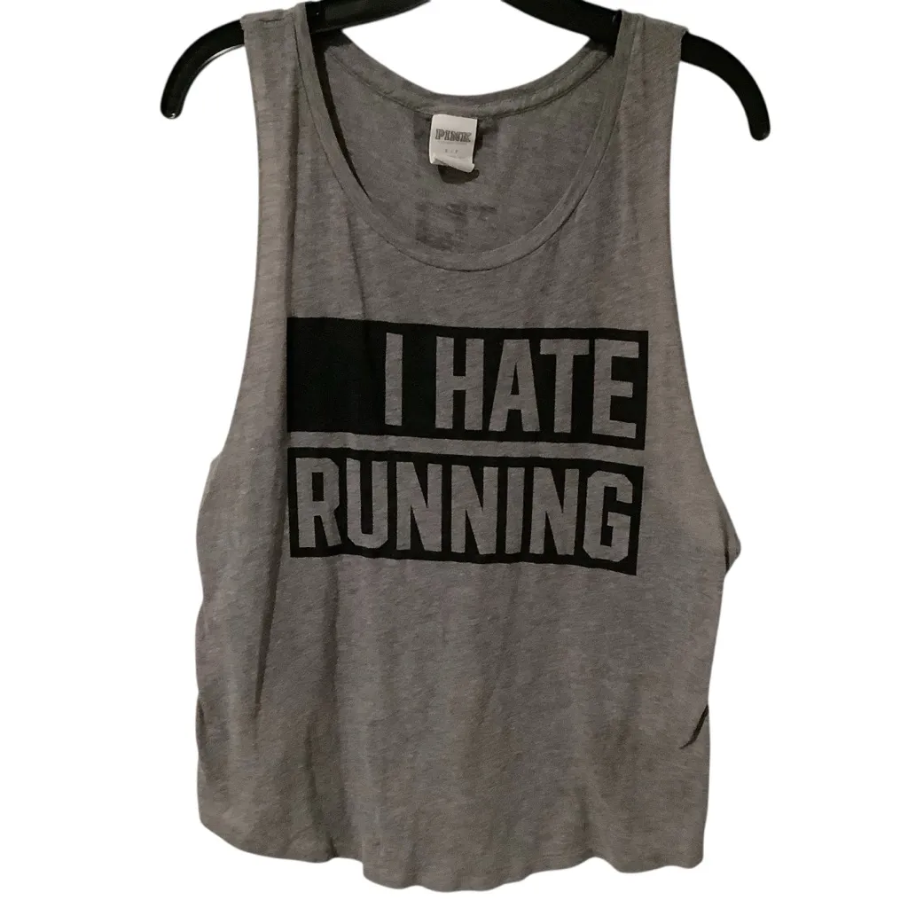 PINK Victoria's Secret Gray Graphic Muscle Tee I HATE RUNNING. Size S - Image 5