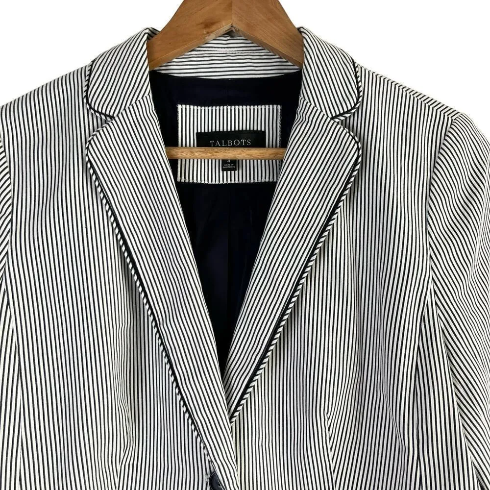 Talbots Stripe Piped Blazer Jacket in Black‎ and White Cotton Stretch, Size 4 - Image 4