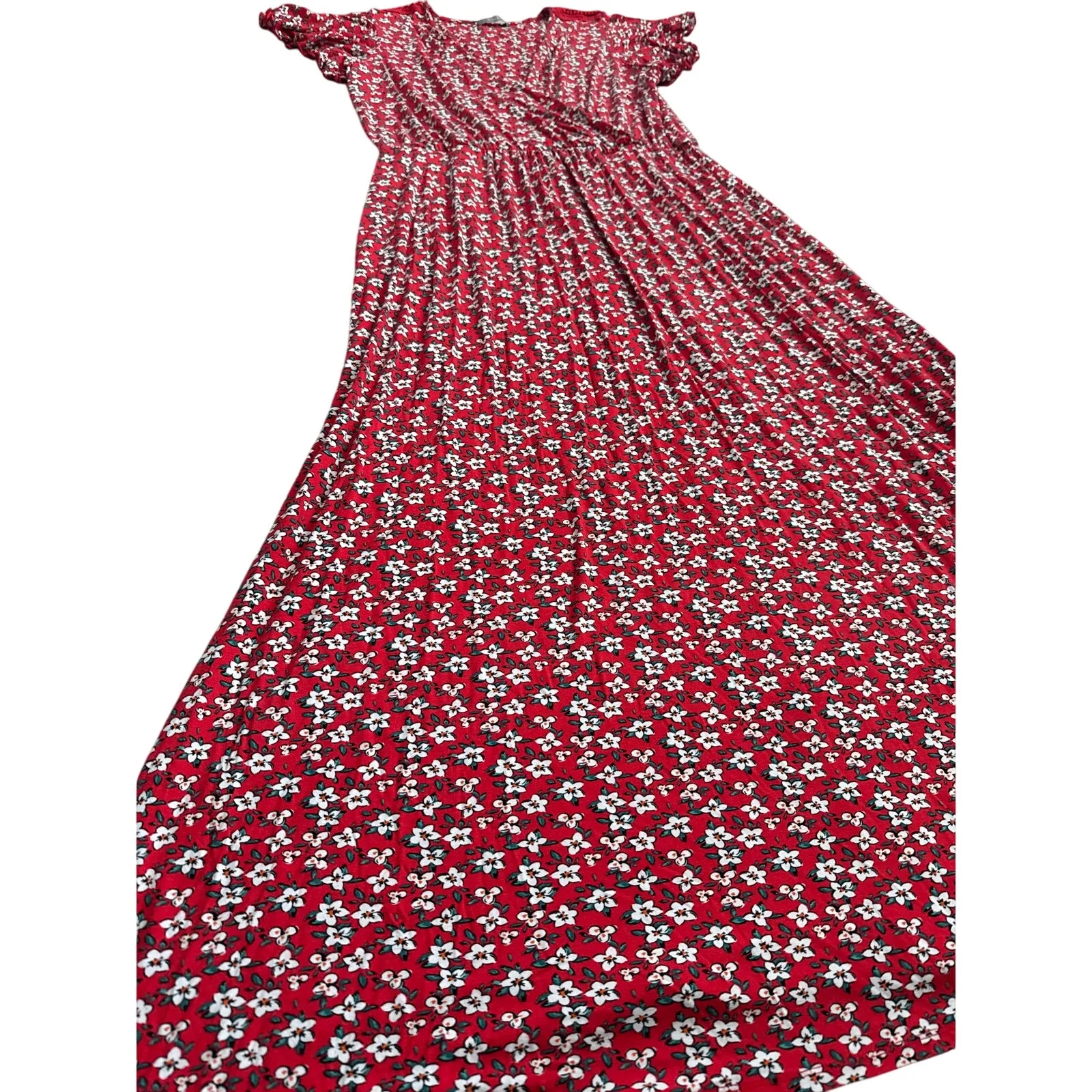 Loveappella Plus Torri Knit Maxi Dress Flutter Sleeve FloralRed & White Size 3X - Image 4