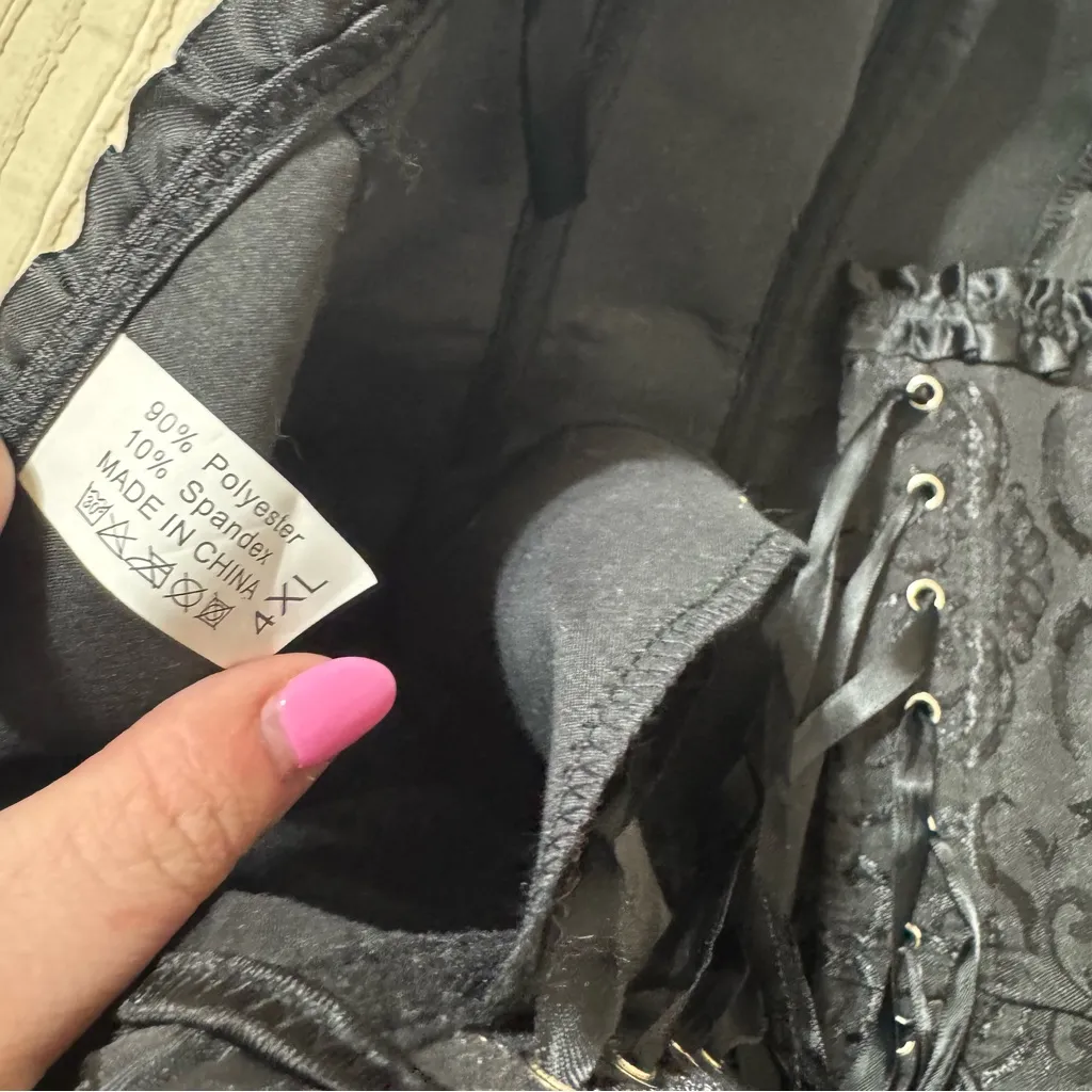 Strapless Tie Front Satin Printed Black Corset Top - Image 3