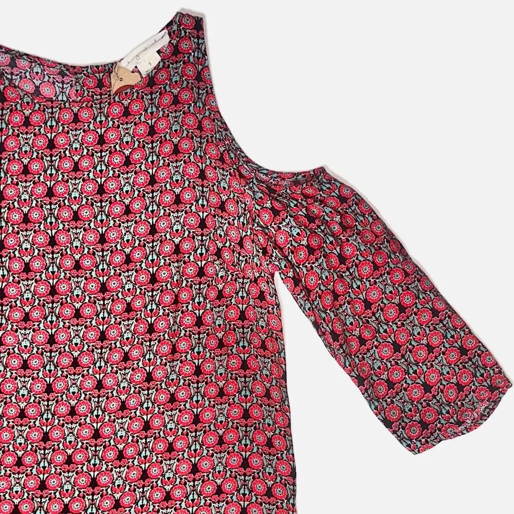 Staring at Stars Tunic Shirt Dress Boho Floral Cold Shoulder Red Blue Sz S NWOT - Image 3