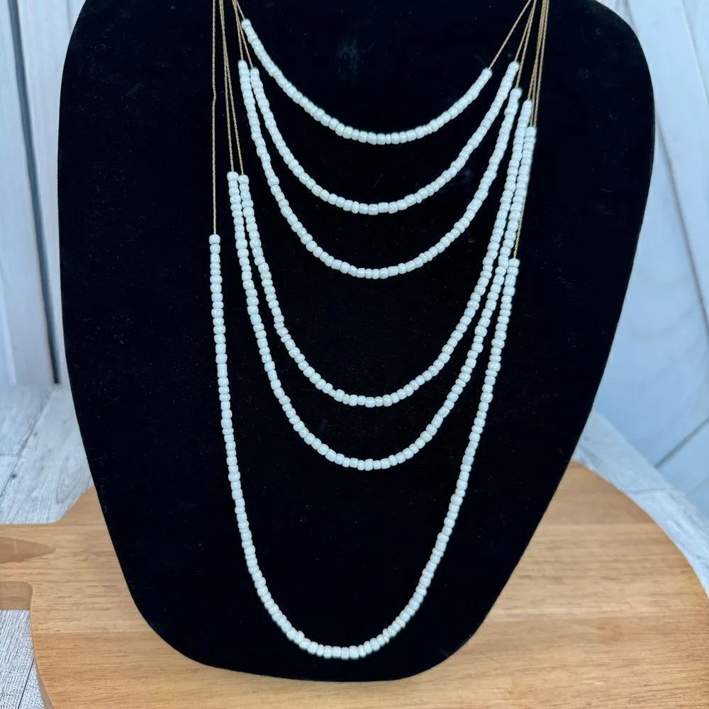 Multistrand Beaded Necklace Fashion White Goldtone Long Bib Statement‎ White - Image 7