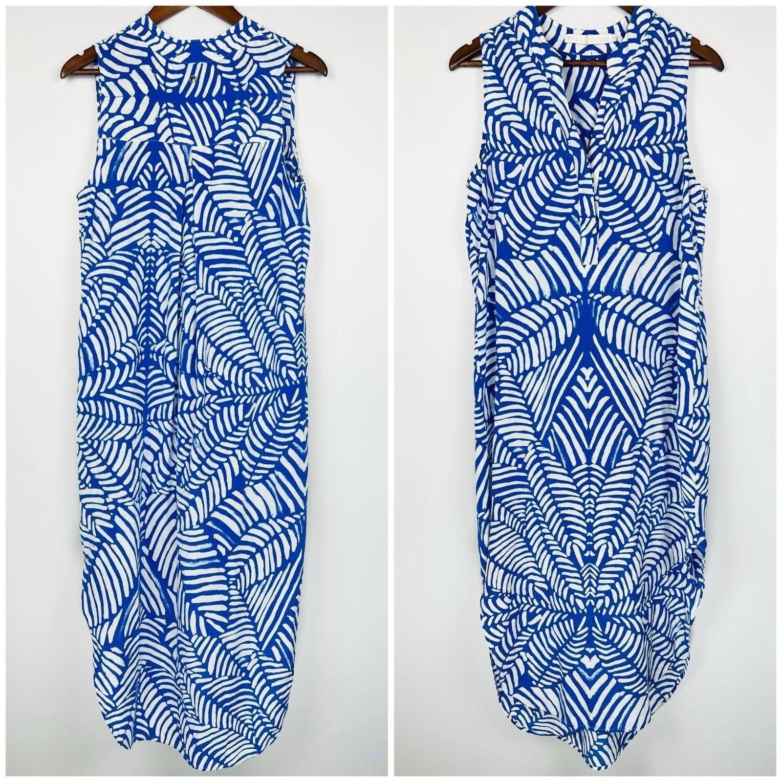 Marie Oliver Blue & White M Silk Sleeveless Midi Dress Palm Leaf Print - Image 2
