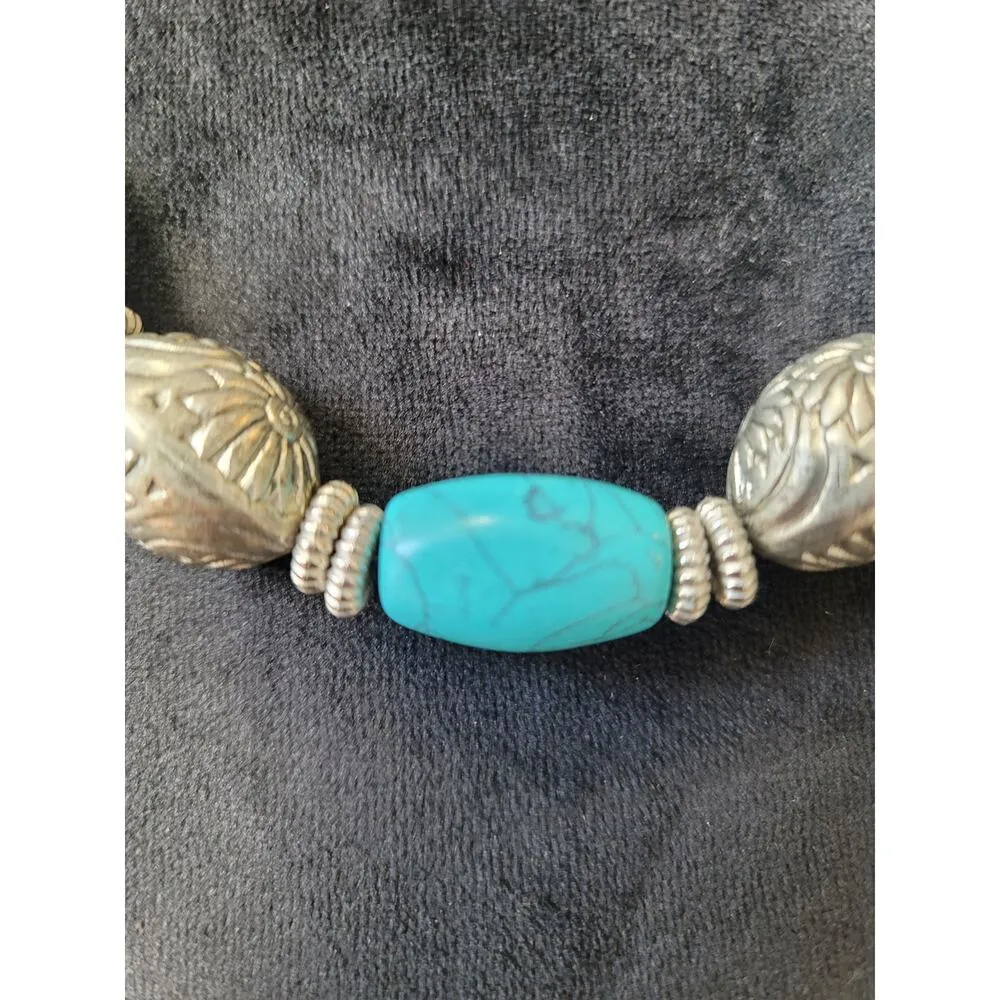 Women's Turquoise Beaded Necklace With Floral S Hook Lock And Silver Accents Gold - Image 2