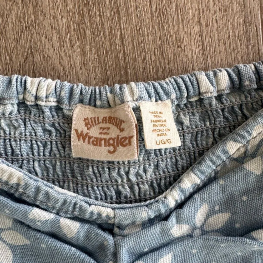 BILLABONG X WRANGLER JUST A DREAM FLORAL COTTON LONG SLEEVE DENIM MINI DRESS L - Image 5