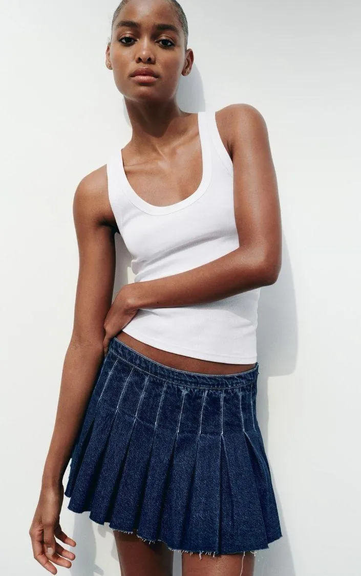 Pleated Denim Mini Skirt - Image 2