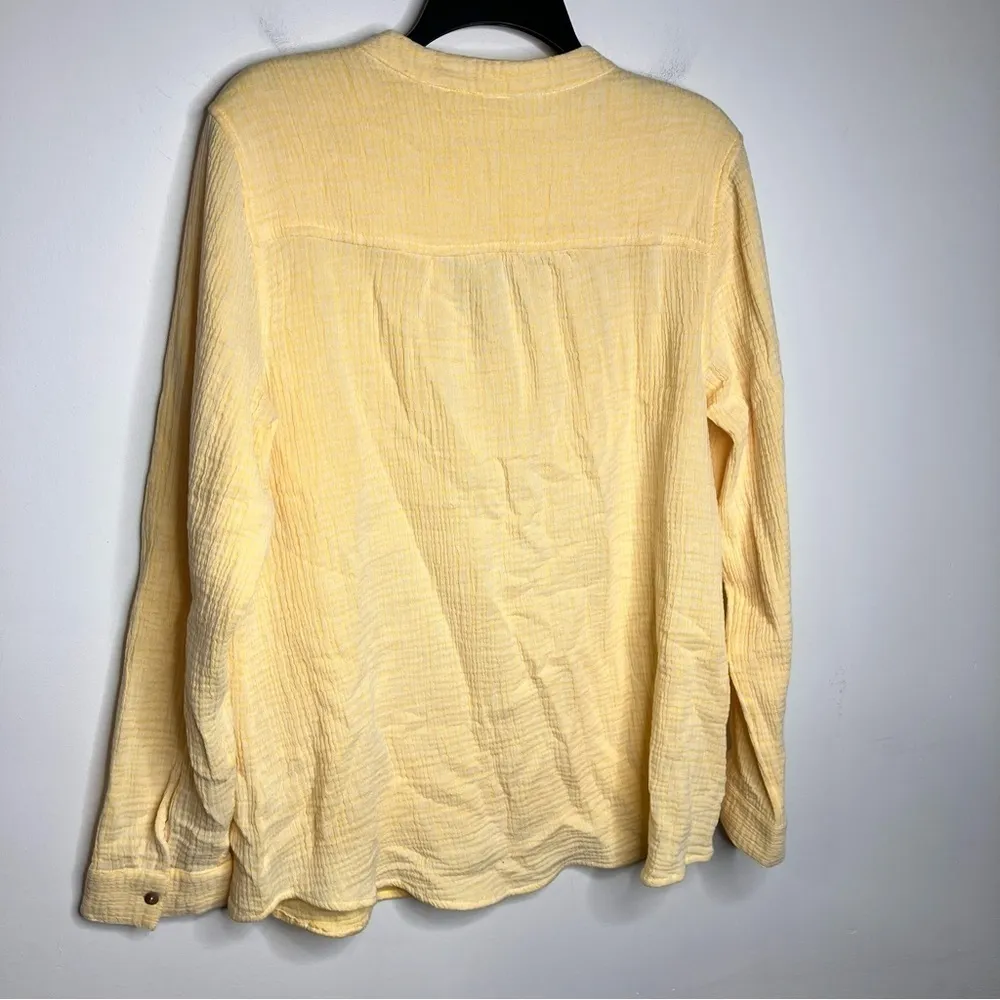 Soft surroundings‎ yellow & white gauze muslin blouse size large - Image 7