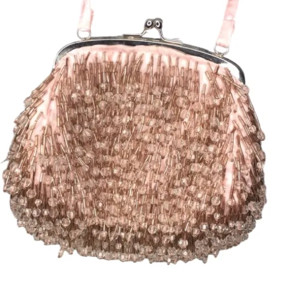 V&M" Vintage style Pink Beaded Evening Hand Bag Coquette Promo Cocktail - Image 1