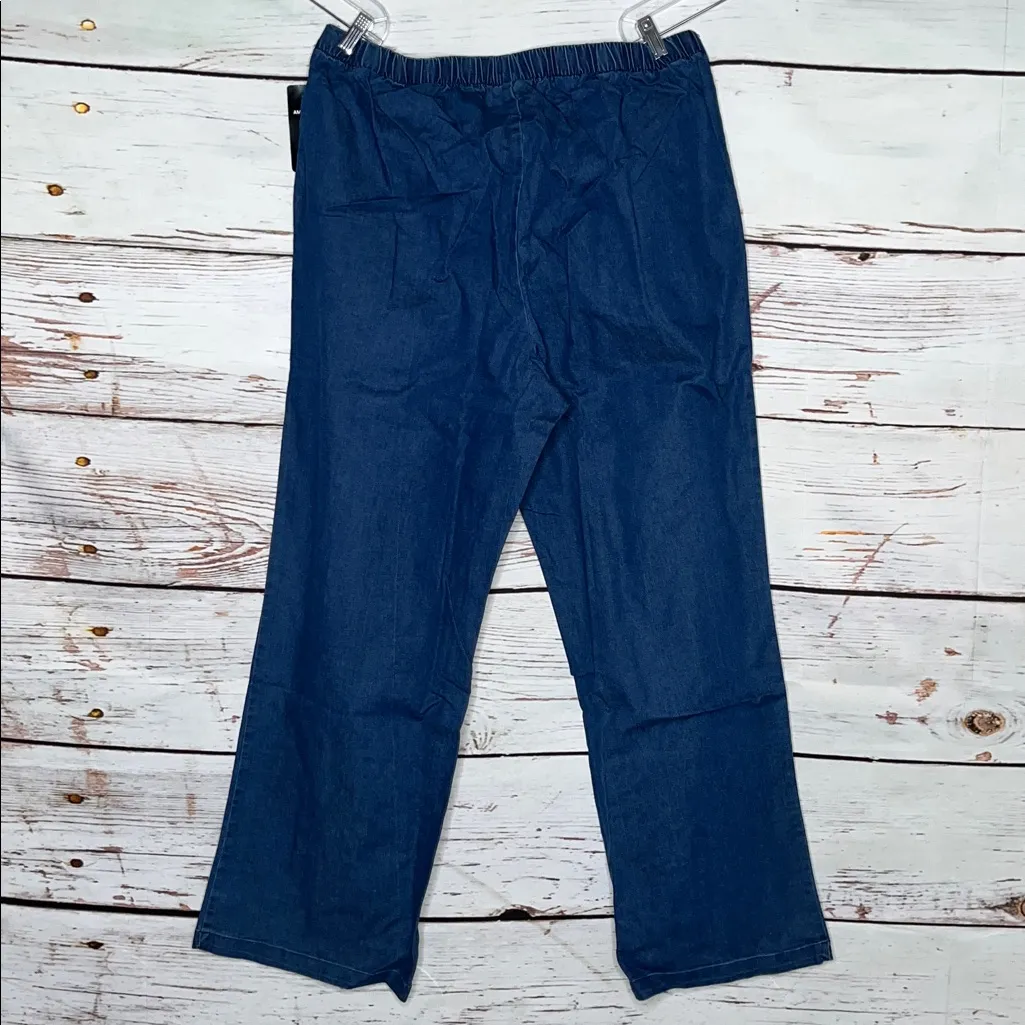 Woman Within NWT Sz 26W Tall Blue Denim Fineline Stretch Pull On Wide Leg Jeans - Image 2