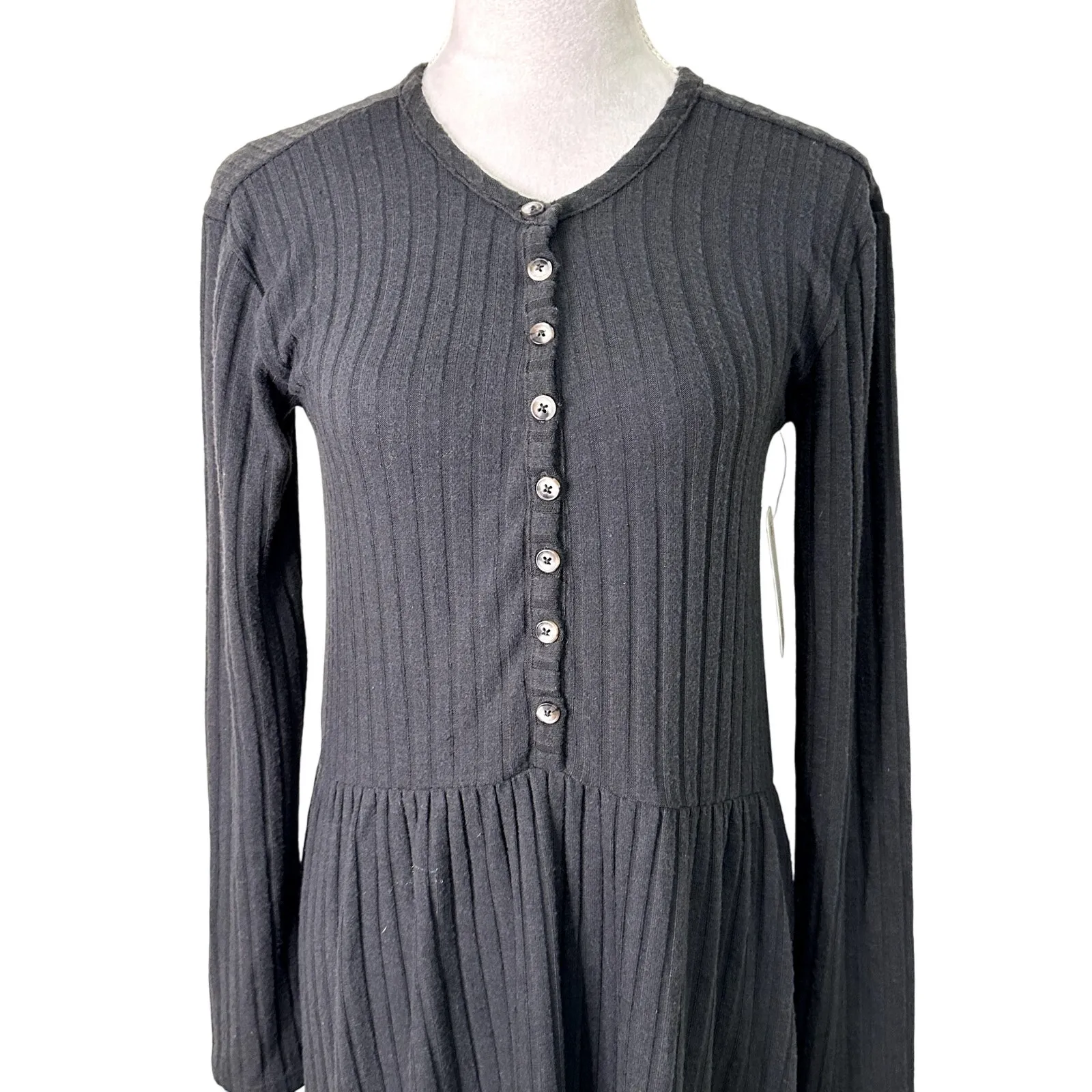 Billabong Always Lounging Dress Henley Button Rib Knit Full Sleeve Black S NWT - Image 3