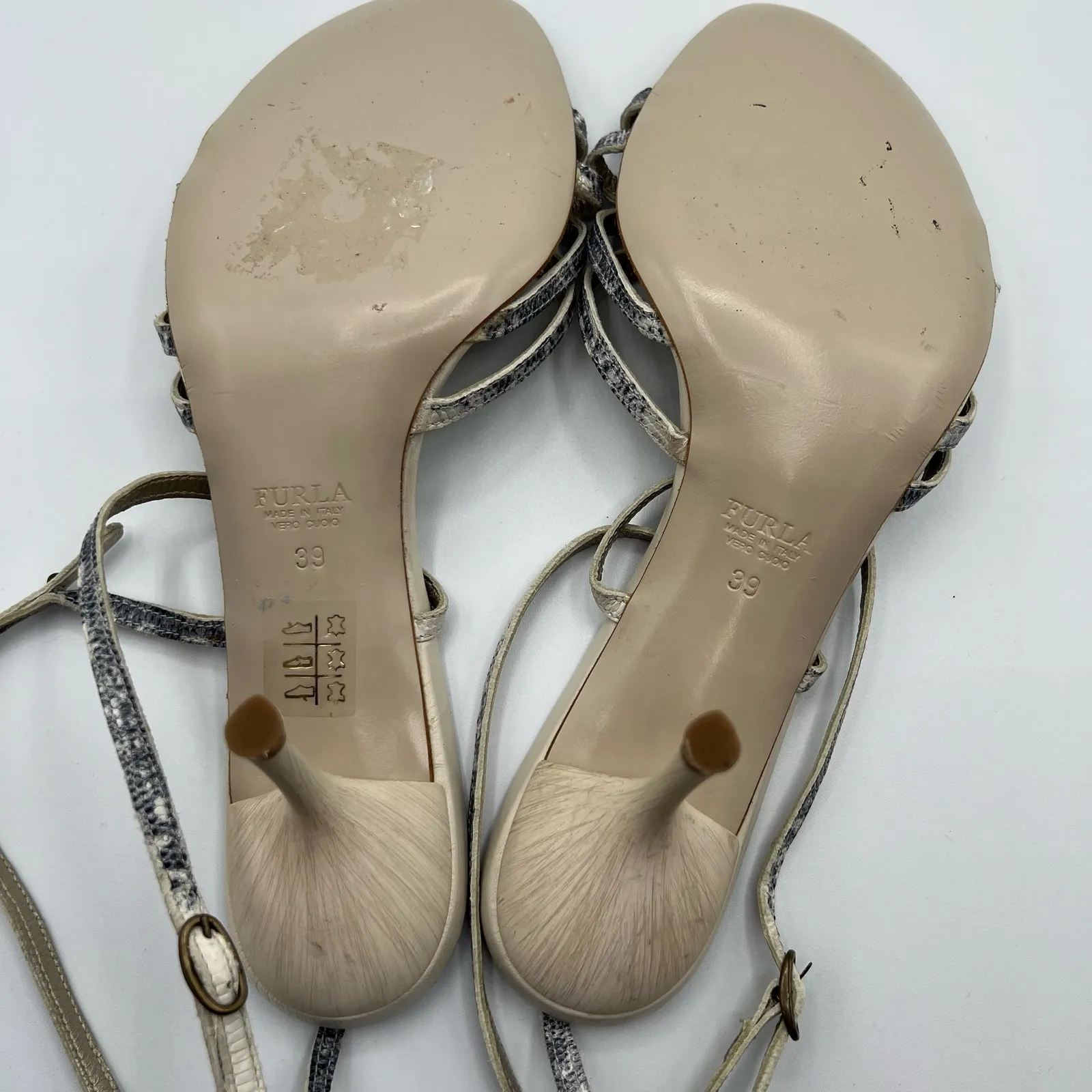 Furla Snakeskin Embossed Leather Strappy Ankle Heel Sandals Cream Size 39 US 8.5 - Image 3