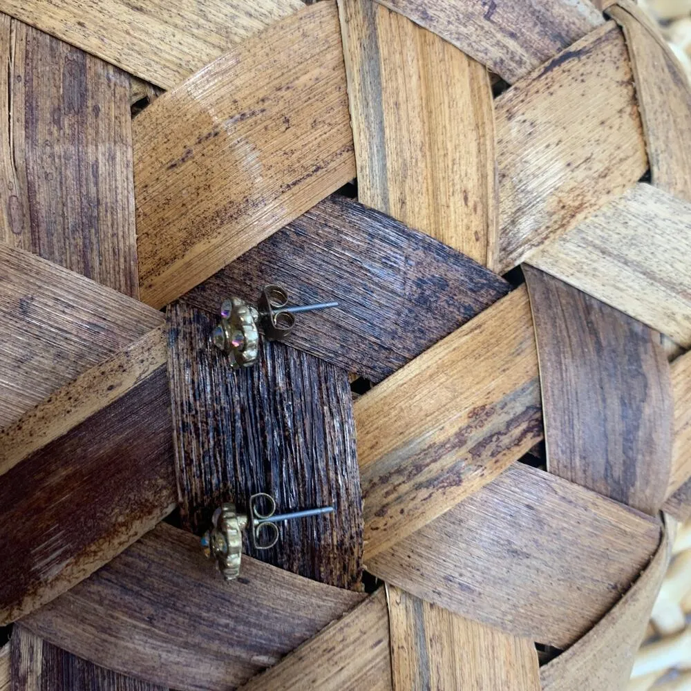 Tiny Flower Cluster AB Rhinestone Stud Earrings .25" diameter Gold - Image 3