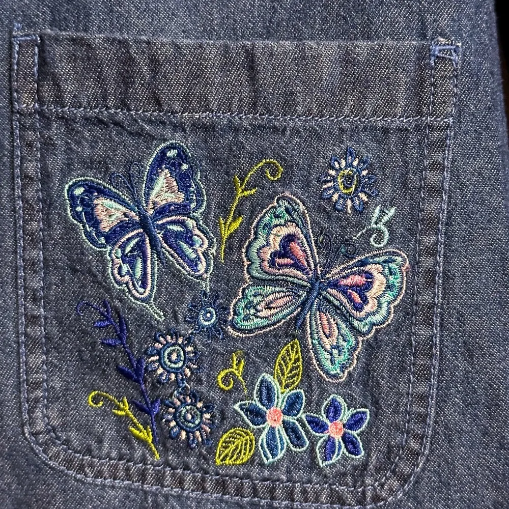 90s vintage, lightweight denim chambray zip jacket, butterfly embroidery - Image 2