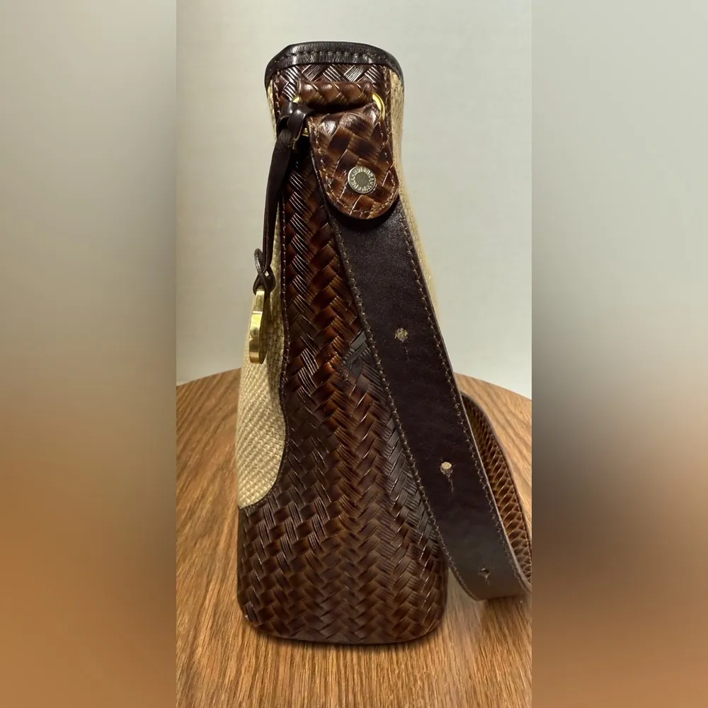 Brahmin Vintage Large Cream Woven Canvas  Brown Leather Shoulder Handbag Purse - Image 3