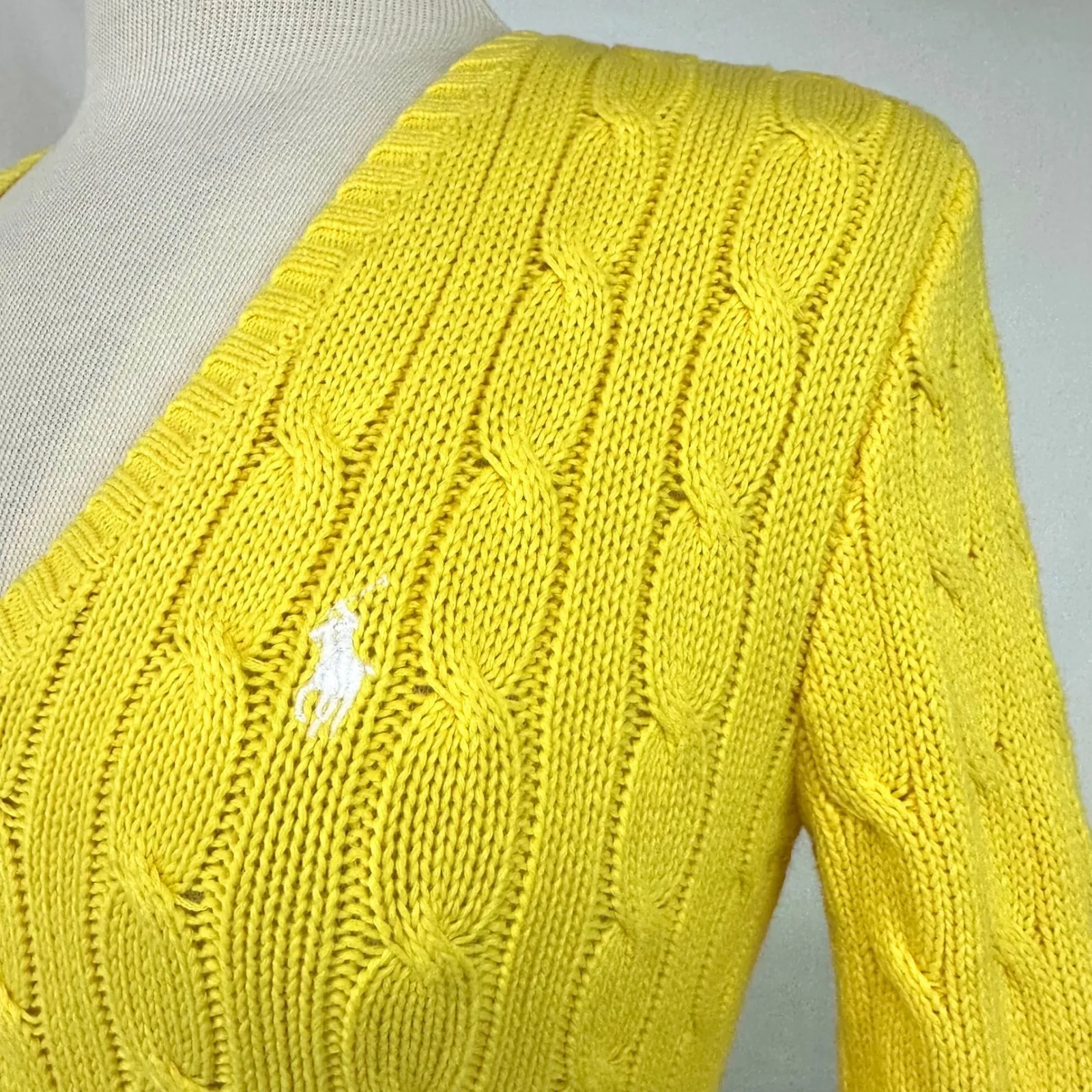 POLO RALPH LAUREN Yellow Cable Knit V Neck Sweater 100% Cotton Women's S Preppy - Image 3