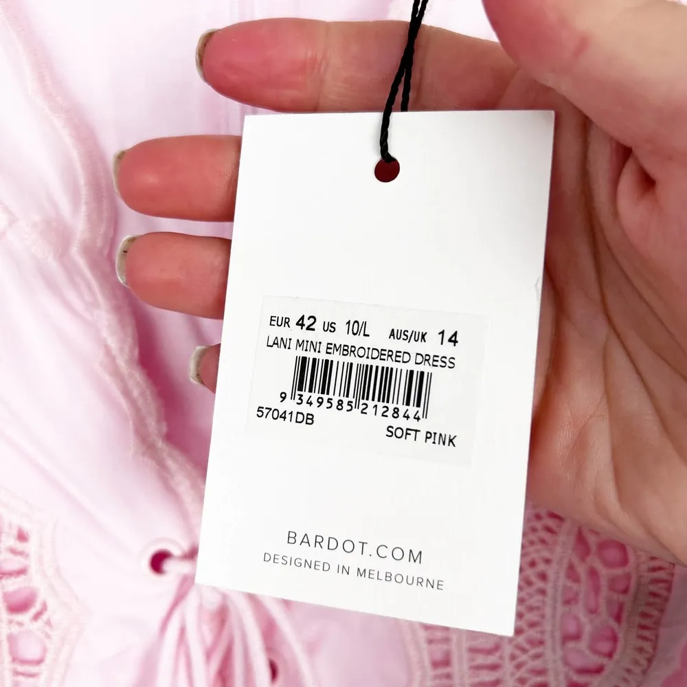 Bardot Light Pink Puff Sleeve Embroidered Eyelet Dress Sz L - Image 3