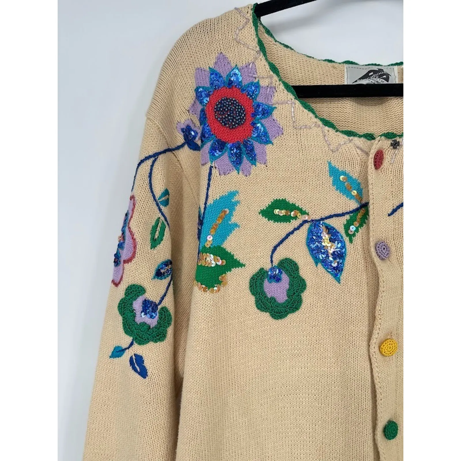 Vtg Storybook Knits Cardigan Sweater 2X Embroidered Sequin Floral Wearable Art Blue - Image 6