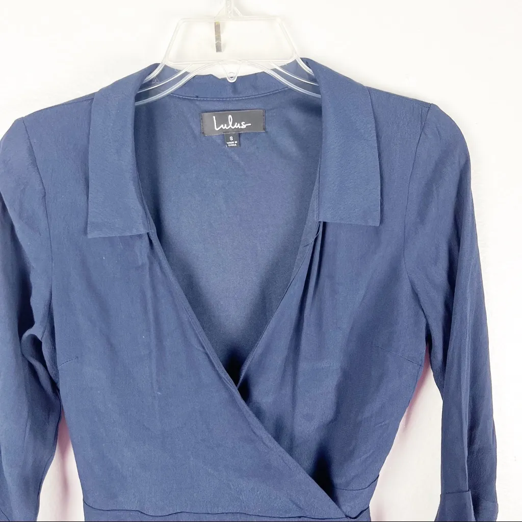 LULUS Navy Long Bell Sleeves True Wrap Lined Dress, Size Small - Image 8