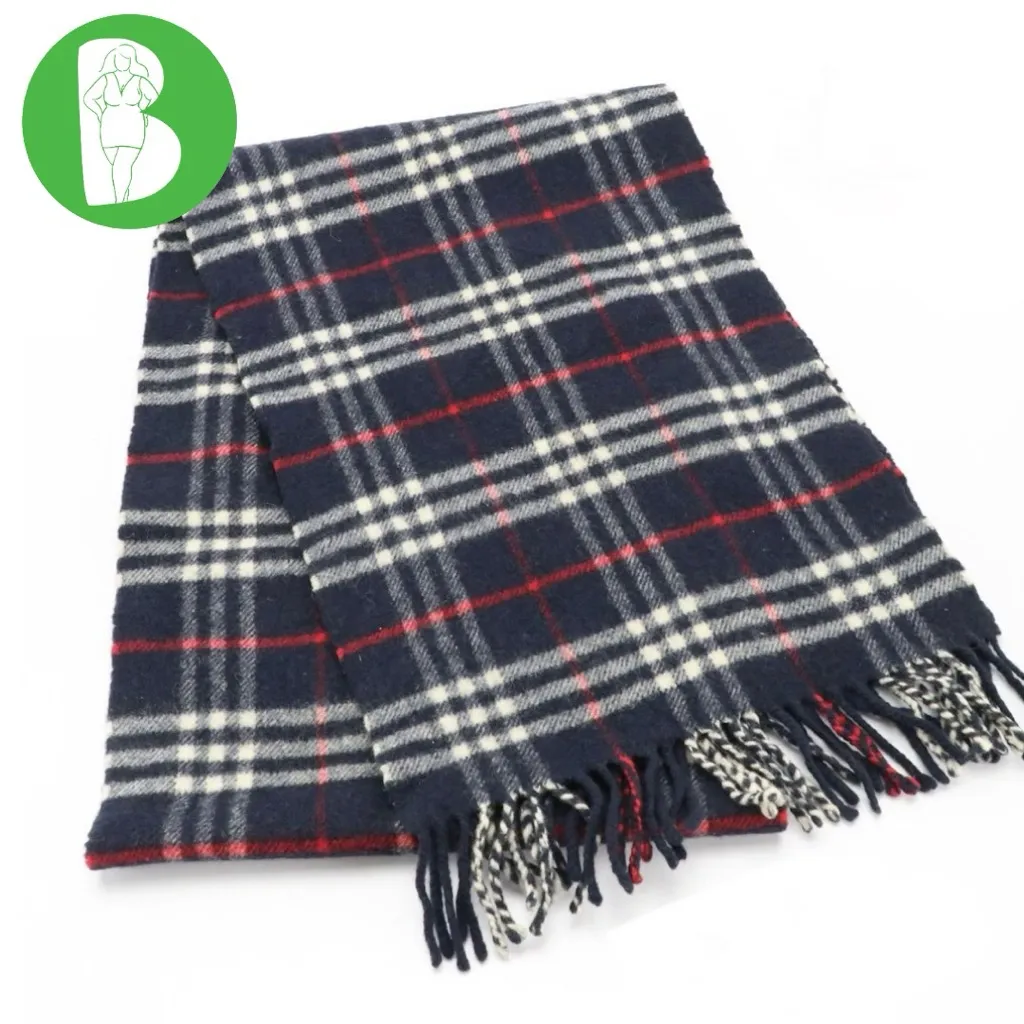 VINTAGE BURBERRY HOUSE CHECK BLUE, RED & WHITE LAMBSWOOL PLAID SCARF - Image 2