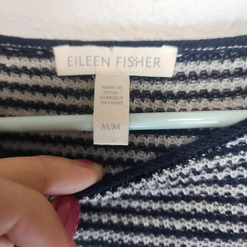 EILEEN FISHER Mixed Stitch Sweater Striped Black White Organic Linen Sz M - Image 3