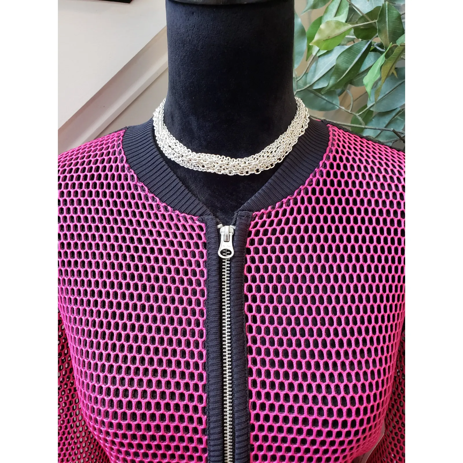 a.n.a Bomber Jacket Womens PL Pink Black Mesh Polyester Long Sleeve Full Zip - Image 9