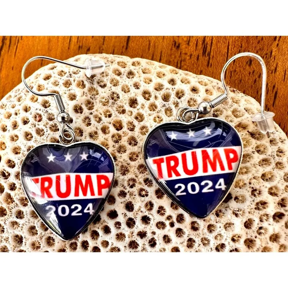 Trump 2024 MAGA Earrings Patriotic New Heart Shaped Dangle Hooks Electi… Blue - Image 8