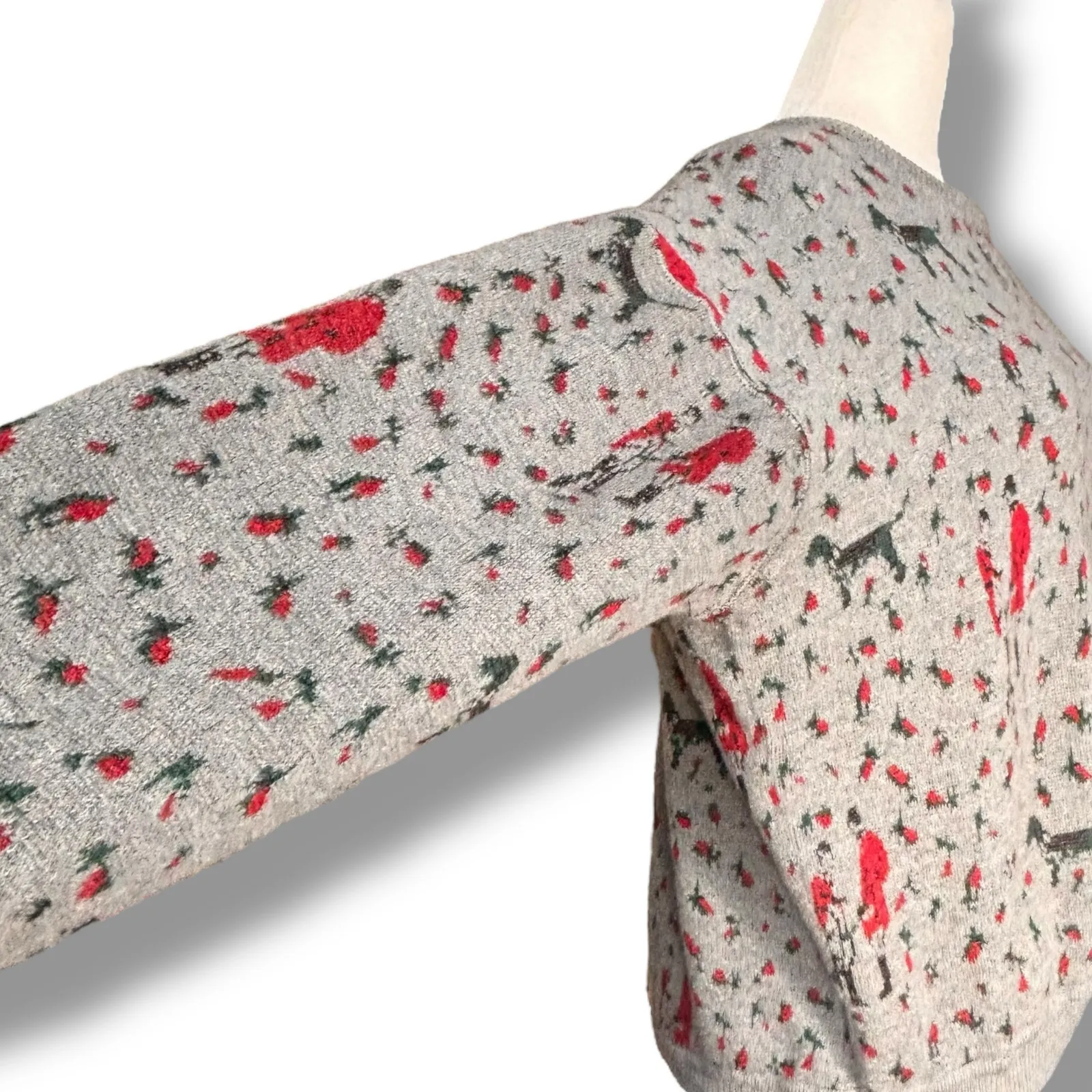 90s Grey Knit Sweater Hunting Scene Dog Animal Print Floral Roses Crew Neck Knit Gray Size L - Image 7