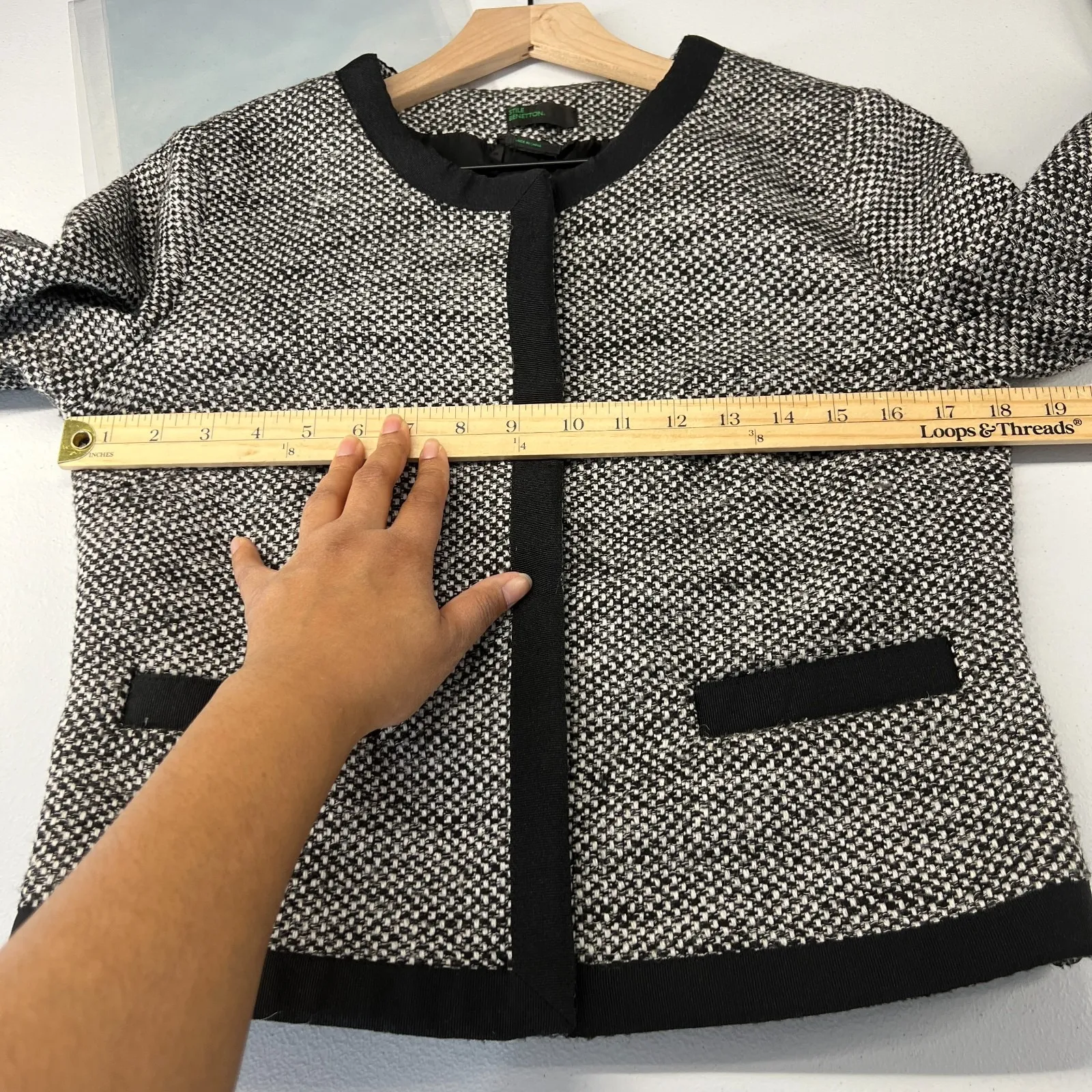 Stile Benetton Blazer Womens S Black White Tweed Casual Office Work Snap Front - Image 13