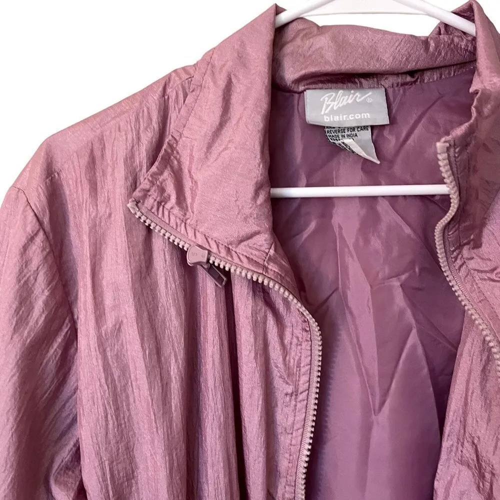 vintage pink nylon overcoat jacket puffed embroidery floral casual large - Image 2