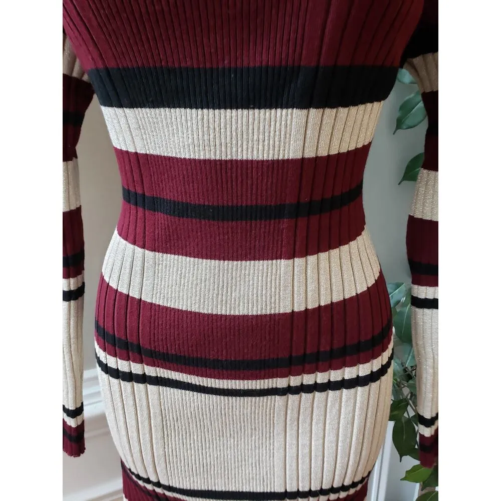 No Boundaries Sweater Dress Women XL Burgundy Stripe Ribbed Knit Cowl Neck - Image 3
