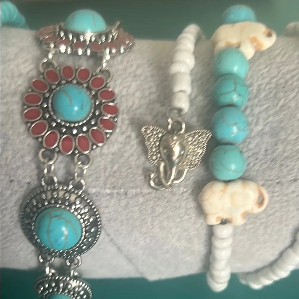 Set Turquoise Dyed Howlite and Magnesite Elephant Coil and Southwest Bracelets Blue - Image 9