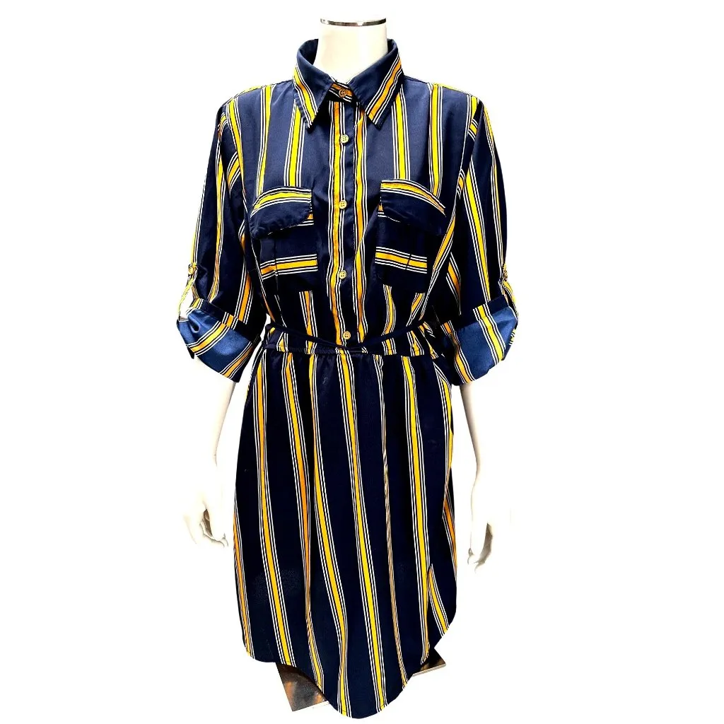 MPH Collection PL Navy Mustard Vertical Stripe Collared Button Front Shirt Dress Yellow Size undefined - Image 2
