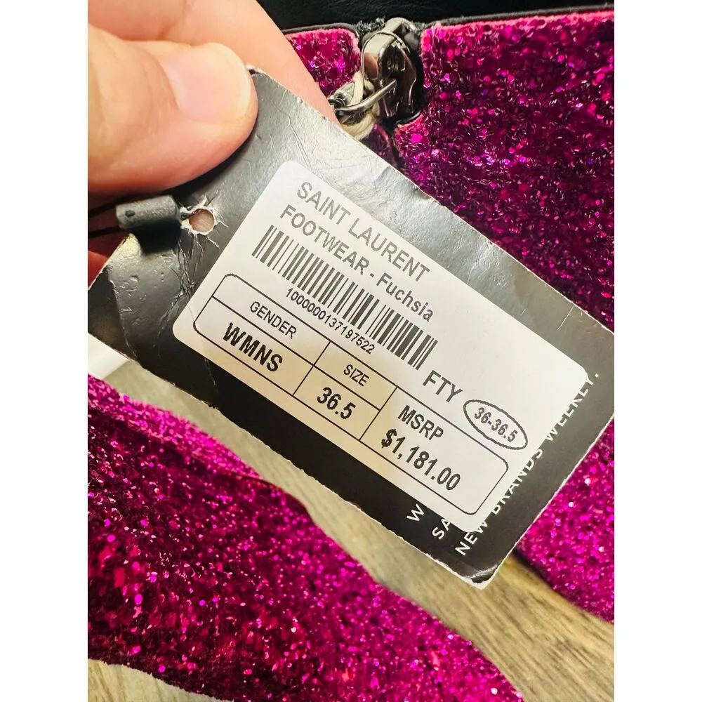 NEW SAINT LAURENT Fuchsia Pink Glitter Heeled Side Zip Bootie size 36.5 US 6.5 - Image 9