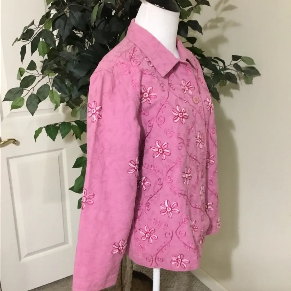 New Direction Floral Embroidered Pink Denim Button Down Casual Jacket Small - Image 2