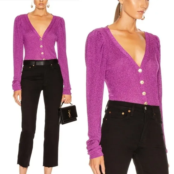 Caroline Constas Purple Long Sleeve Cardigan Glitter Sparkly Puff Sleeve - Image 2