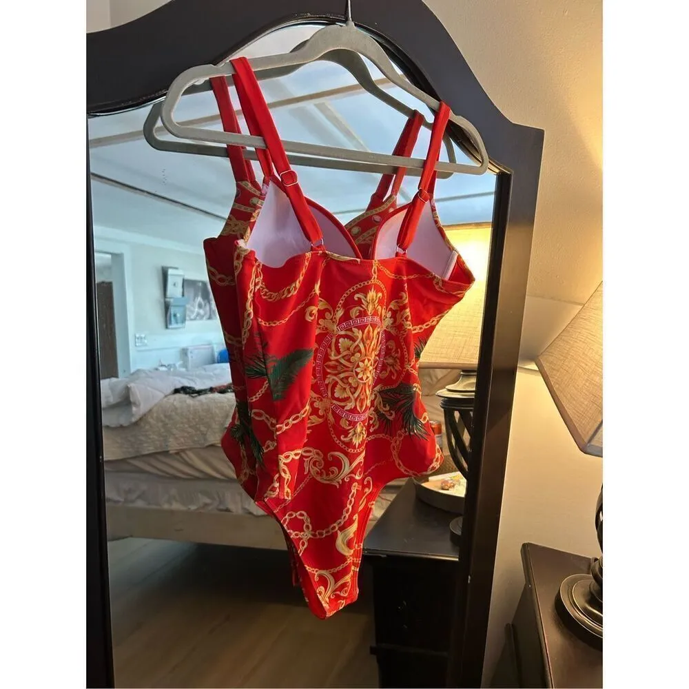 NEW 1 pc Swimsuit Chain Print Push Up Bathing Suits L Red Size L - Image 2