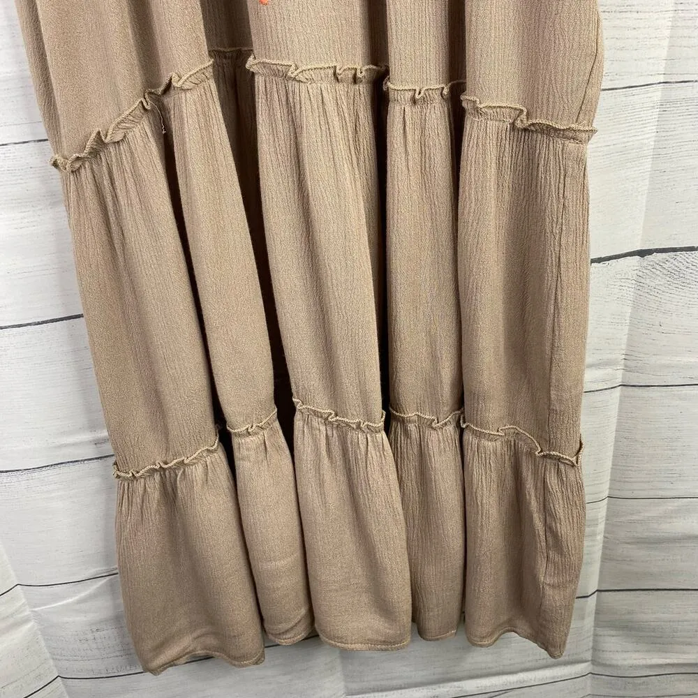 Kori America Womens Aztec Tribal Boho Tiered Embroidered Mini Dress Tan size M - Image 5