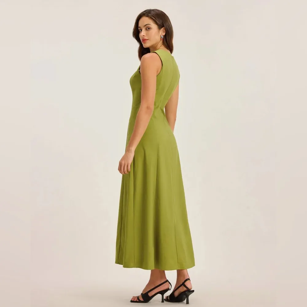 Rihoas Green Square Neck Button Sleeveless Midi Dress Size XS - Image 2