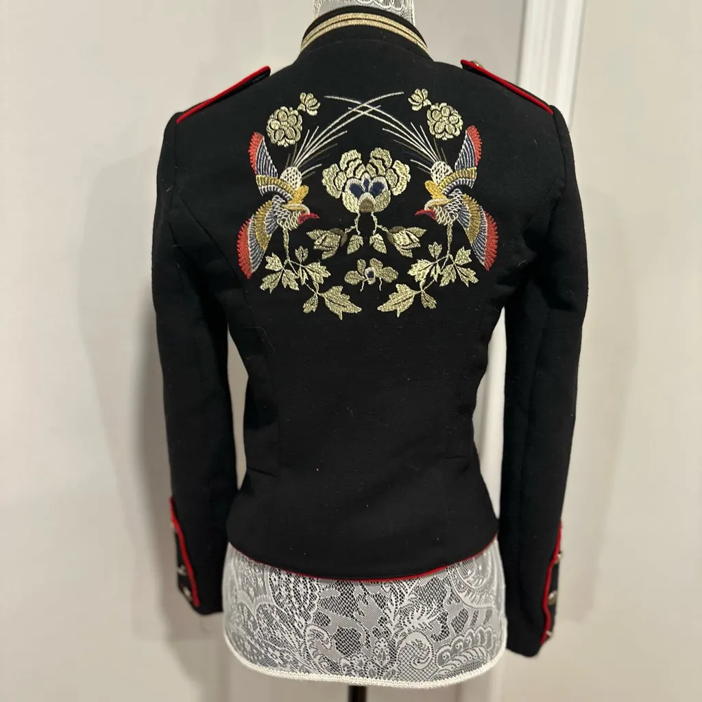 ZARA Trafaluc Sz: XS Black Military Style Embroidered Jacket Floral Birds Gold. - Image 2